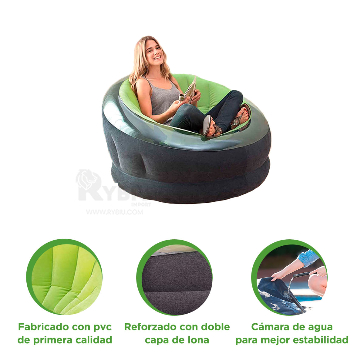 Comodo Sofa Inflable Verde Fabricado con PVC