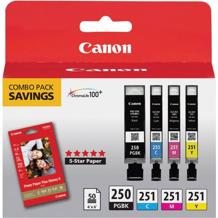 Combo Pack de 4 Cartuchos Canon Pgi 250 Cli 251 con Papel Fotográfico 4 X 6 50 Hojas