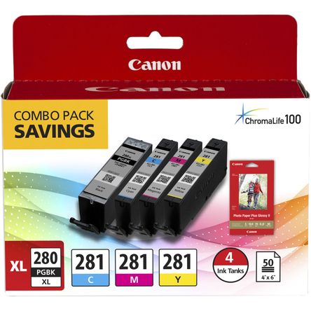 Combo Pack de Tanques de Tinta Canon Pgi 280 Xl Cli 281 de 4 Colores con Papel Fotográfico de 4 X