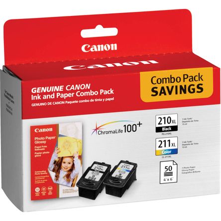 Combo Pack de Tinta y Papel Canon Pg 210Xl Negro y Cl 211Xl Color