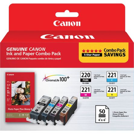 Combo Pack de Tanques de Tinta Canon Pgi 220 Cli 221 con Papel Fotográfico Pp 201