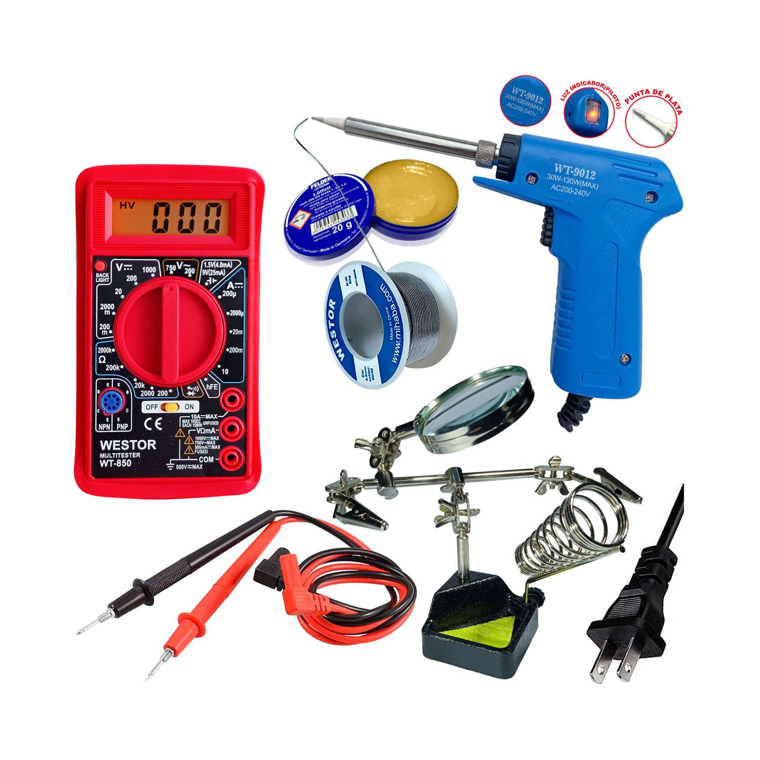Kit Cautín + Multímetro + Soporte + Pasta + Soldadura Dt830kit5