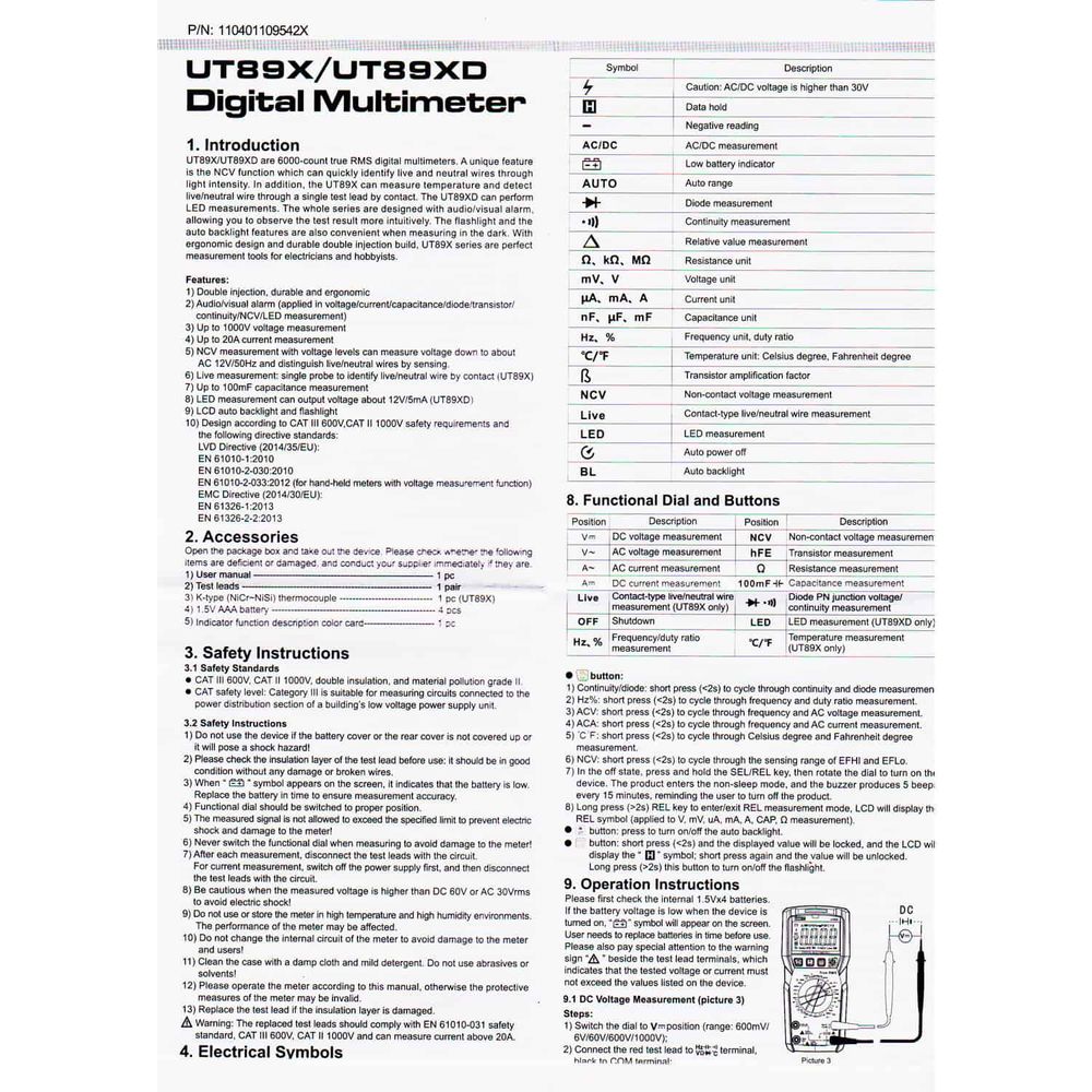 UNI-T UT890C Multimetro Digitale Professionale Tester Voltmetro Amperometro Ohmmetro Veri RMS 6000 Conti Test di Capacità e Misurazione della Temperatura con LCD Retroilluminato