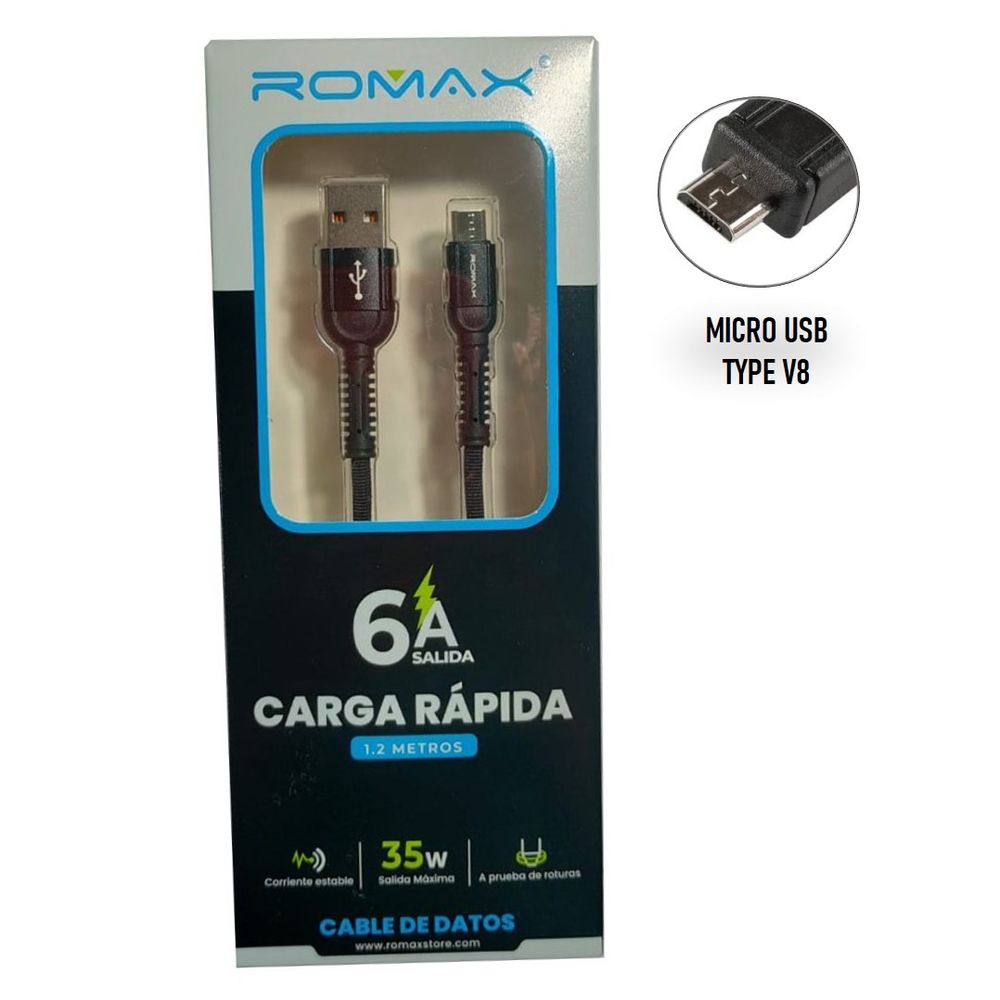 Cable Cargador Tipo V8 Romax para Carga Rapida de 6A Negro | Promart.pe ...