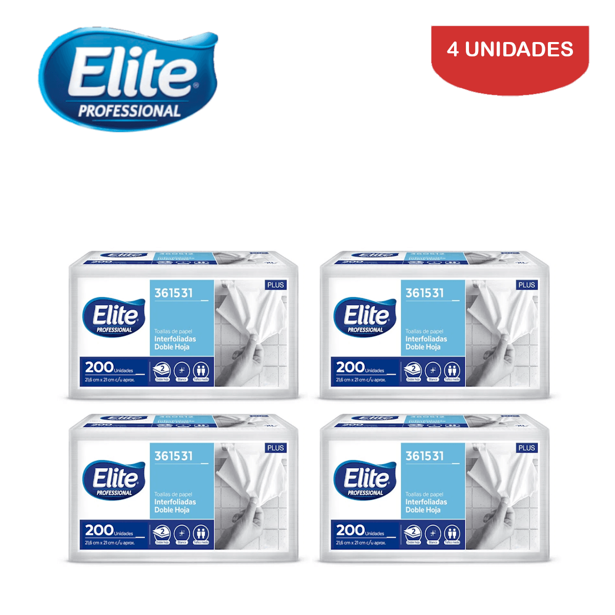 Papel Toalla Elite Plus Doble Hoja Interfoliada 200 Hojas Pack 4 Unidades
