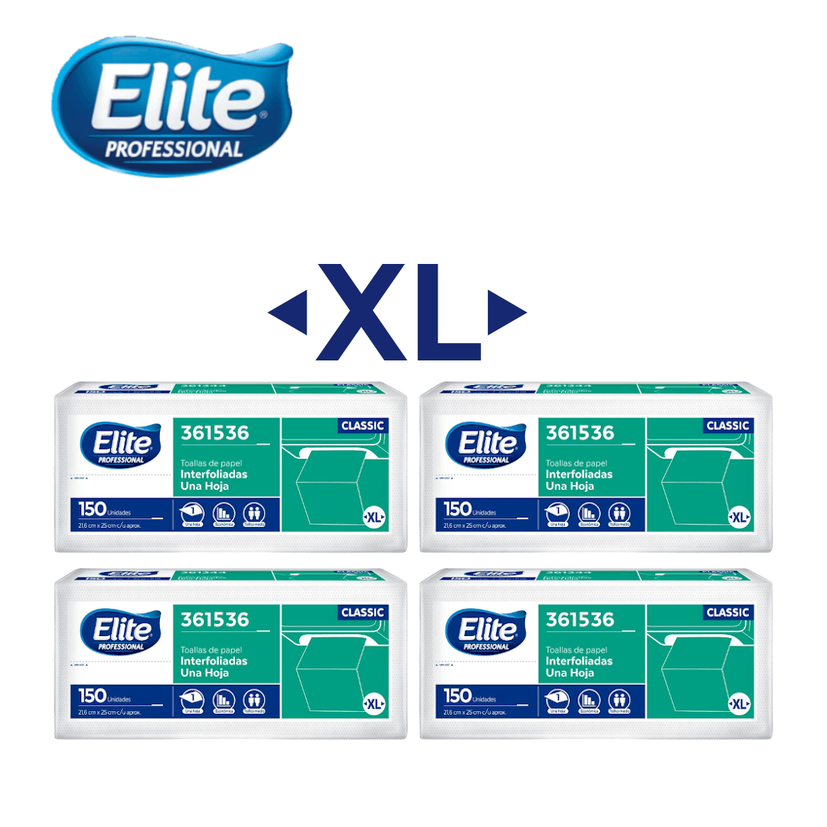 Papel Toalla Elite Classic Una Hoja Interfoliada XL 150 Hojas Pack 4 Unidades