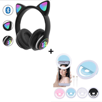 Combo Audífonos Bluetooth Oreja de Gato con Luz Led Negro + Selfie Aro de Luz Flash Led para Celular