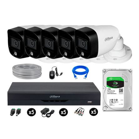 Cámaras Seguridad Dahua Exterior Kit 5 5mp 1tb Vision Nocturna Full Color