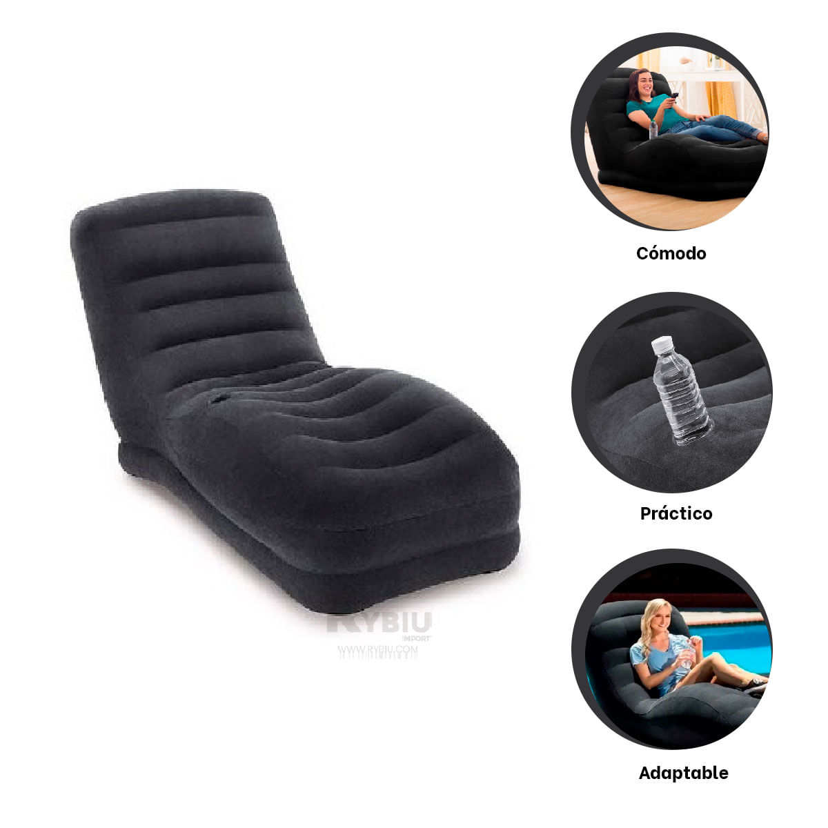 Sillon hinchable Aterciopelado de Color Negro Grande