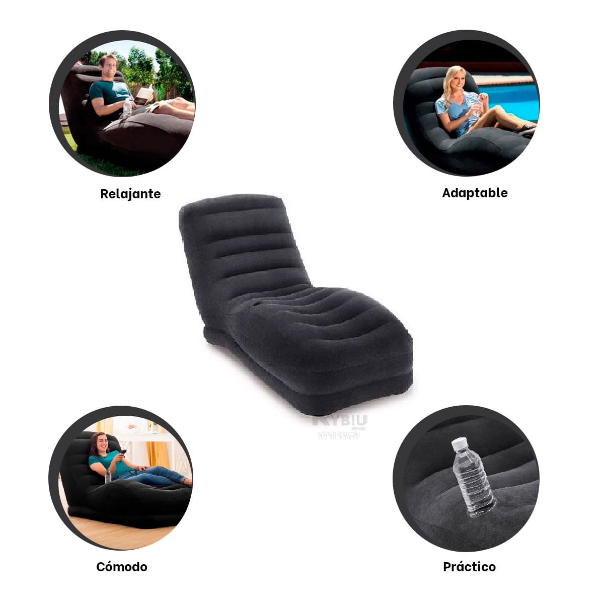 Sillon Inflable Reposet Aterciopelado Intex Negro Grande