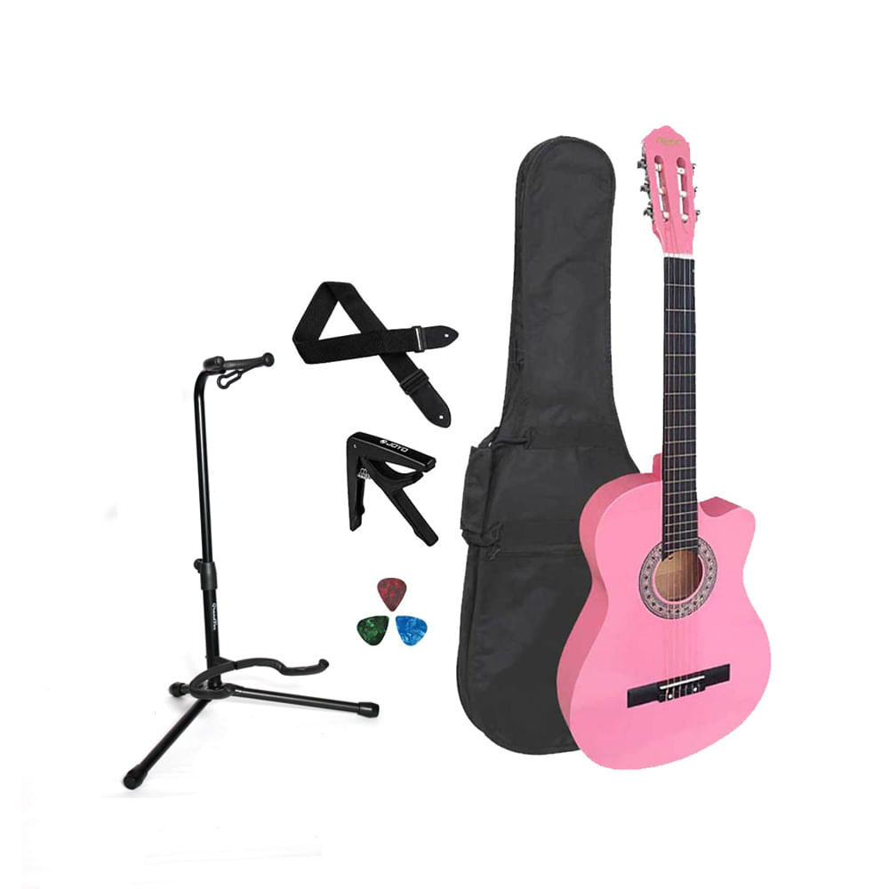 Pack Guitarra Acústica Nylon Rosada