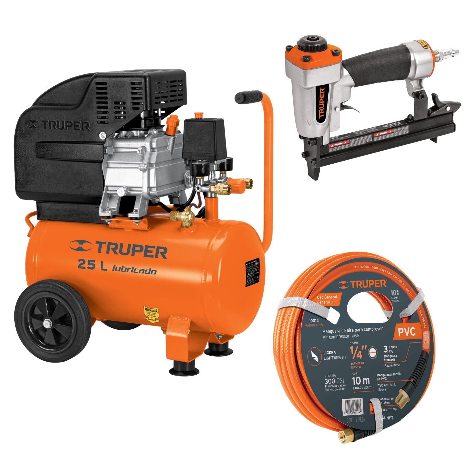Kit compresora 25 L manguera 10m con engrapadora nehumatica calibre 18 Truper   11836-19014-13177