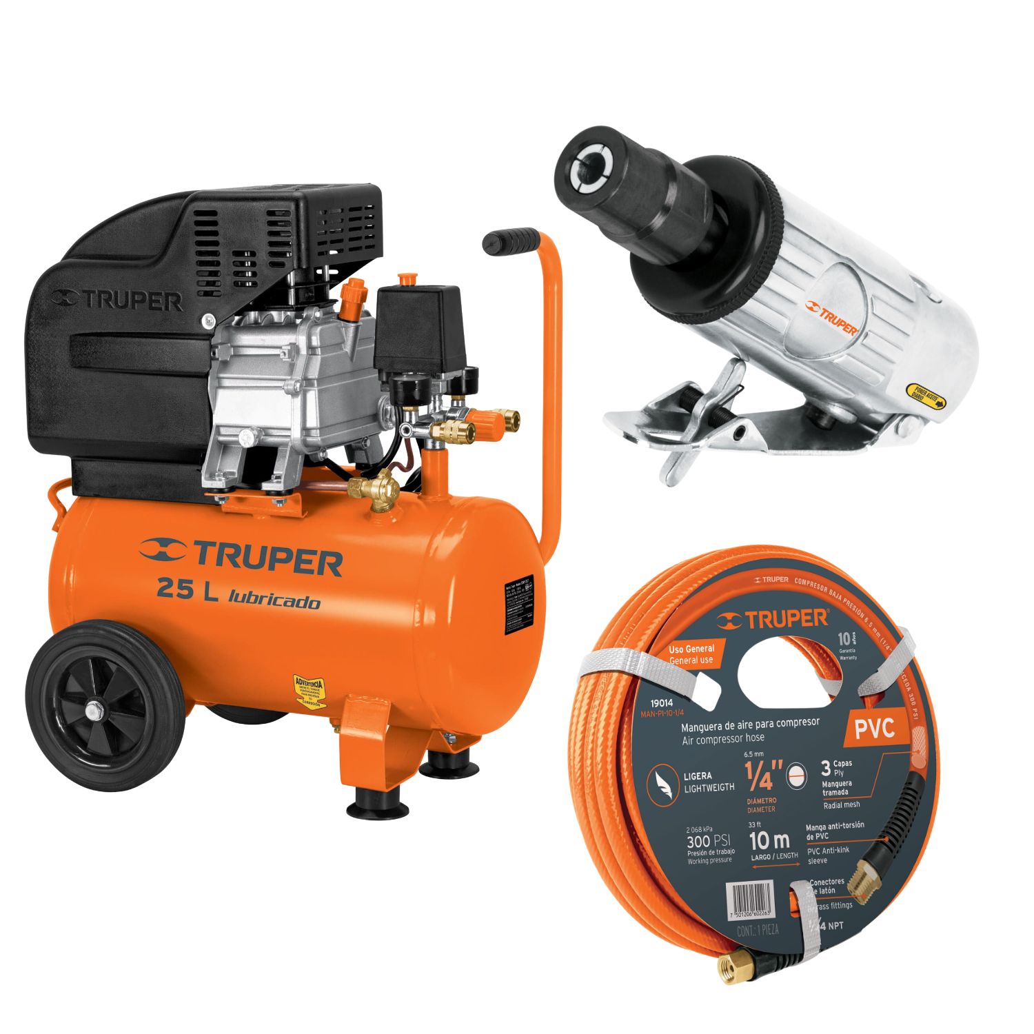 Kit Compresora 25L Manguera 10m con Mini Rectificadora 1/4 Truper  11836-19014-11188