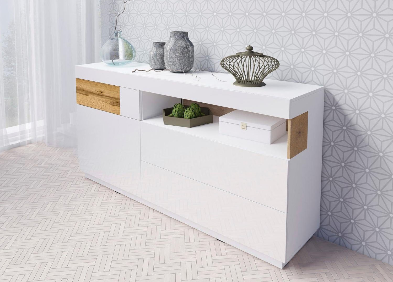 Aparador Práctico 2 cajones + puerta Aimar color Blanco/Duna TU MESITA