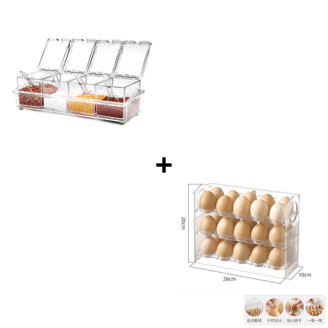 Combo Set Condimenteros Desmontable + Porta Huevo Acrílico 3 Niveles