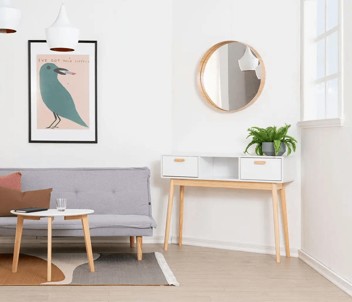 Mesa Auxiliar funcional 2 cajones Evelyn color Blanco/Haya TU MESITA