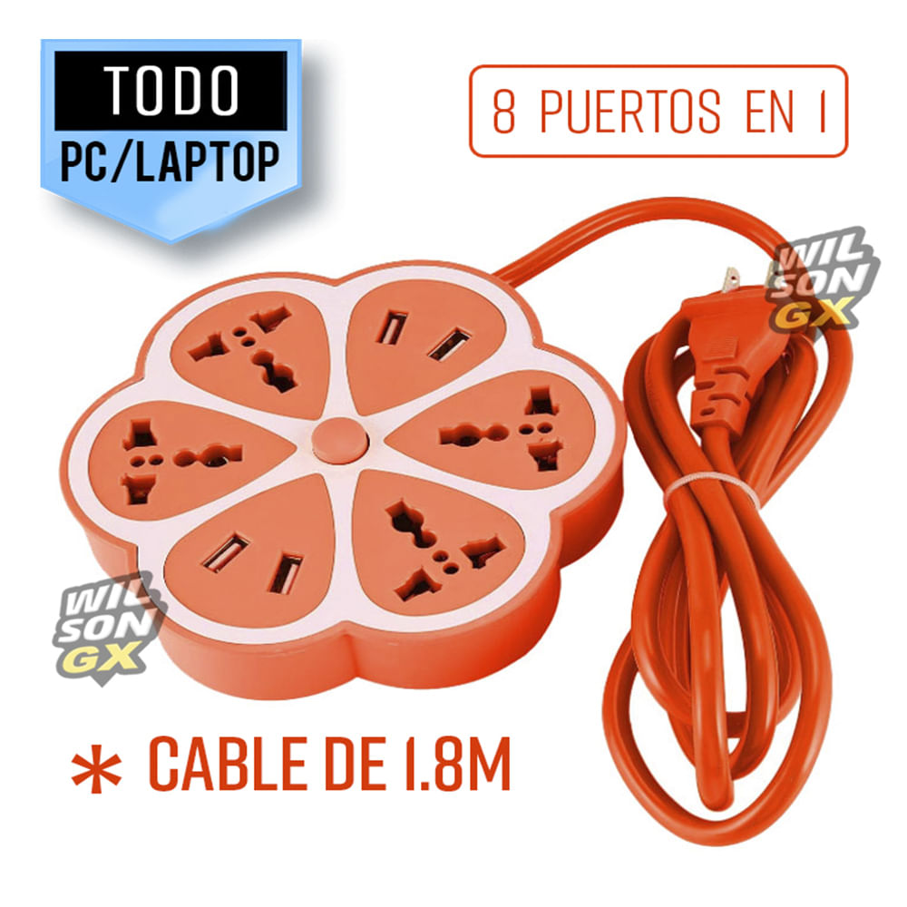 Enchufe Tomacorriente Extensión Múltiple 4 Tomas + 4 Puertos USB