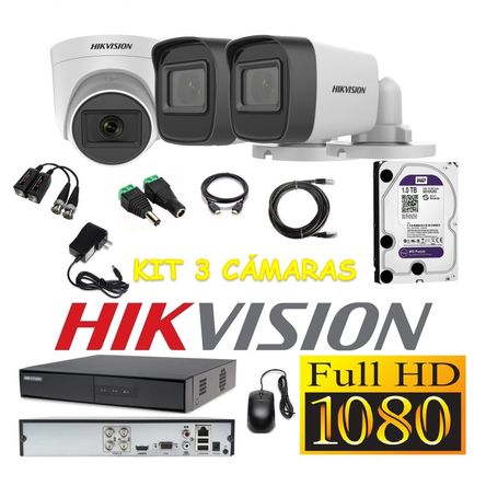 Cámaras Seguridad Kit 3 HIKVISION FULLHD Audio Incorporado 1Tb Hikvision