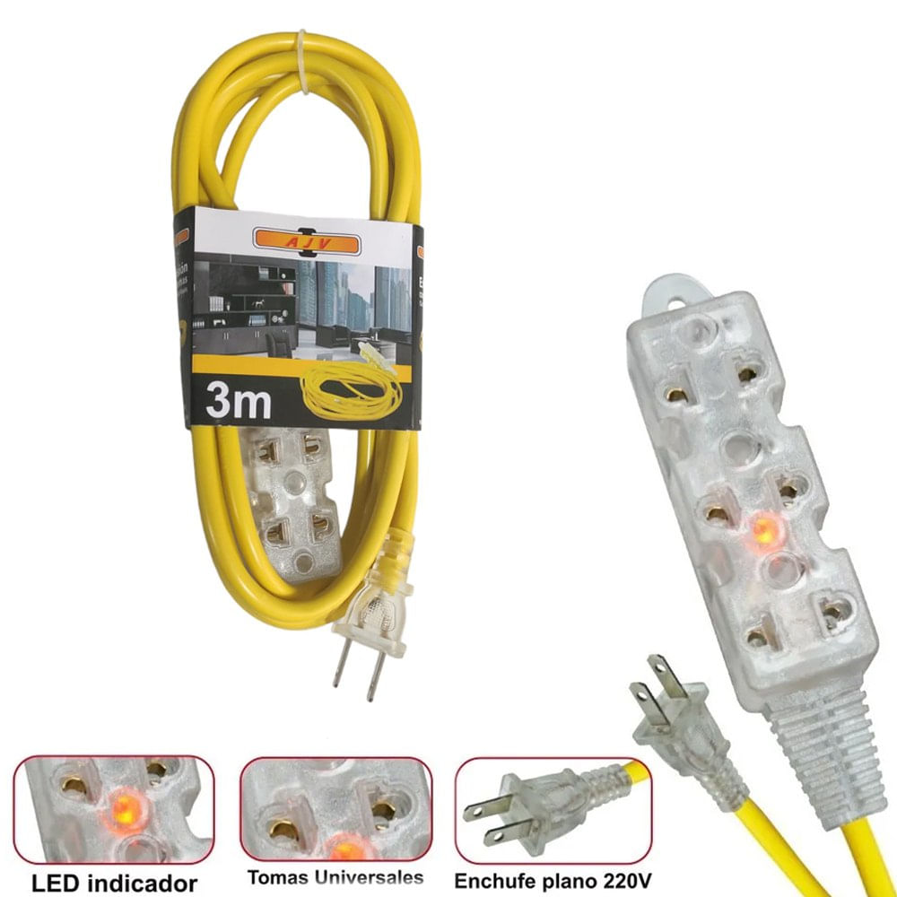 Extensión Eléctrica Cable Vulcanizado de 3 Tomas 3 Metros AWG 8
