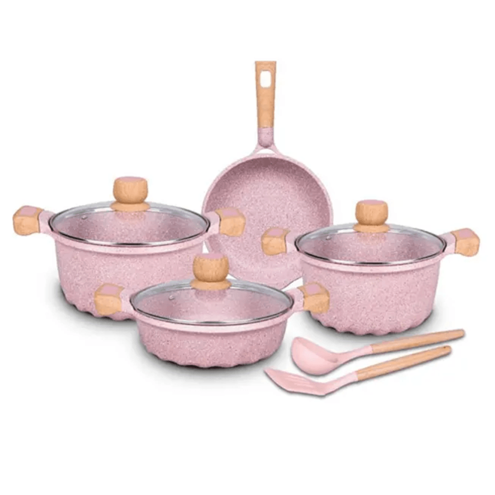 Juego de Olla Roca Volcánica MGC Anti adherente 9pzas Color Rosa