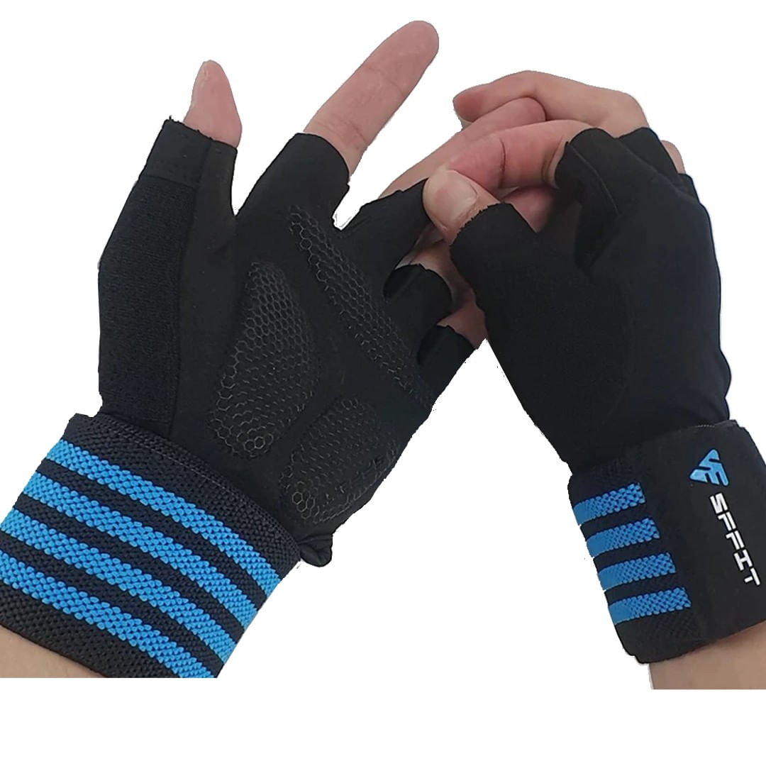 Guantes de Pesas Calistenia Gimnasio Con Vendas Muñequera Azul
