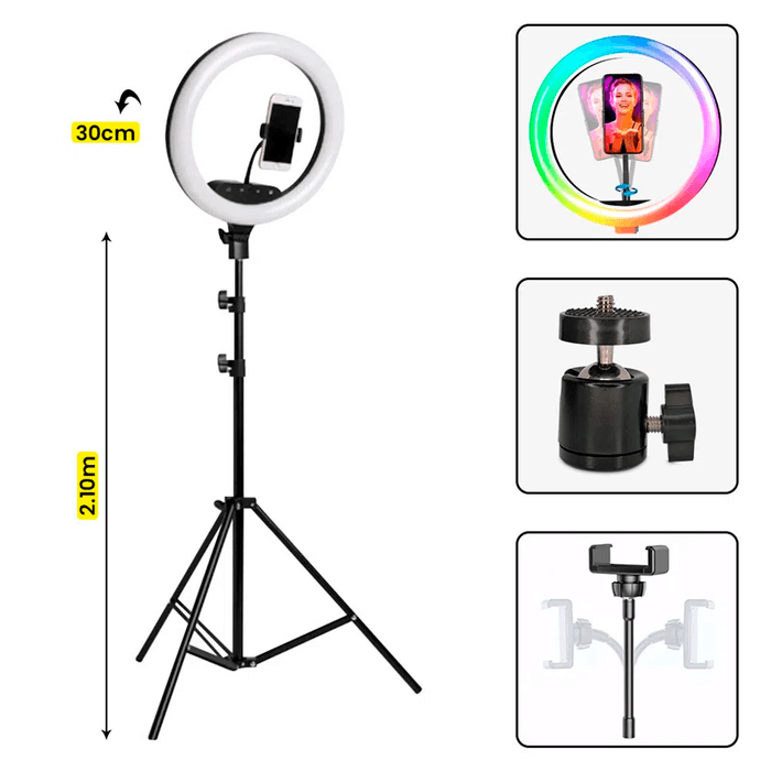 Aro De Luz Rgb 30cm para TikTok Redes Trípode 210cm Cargador