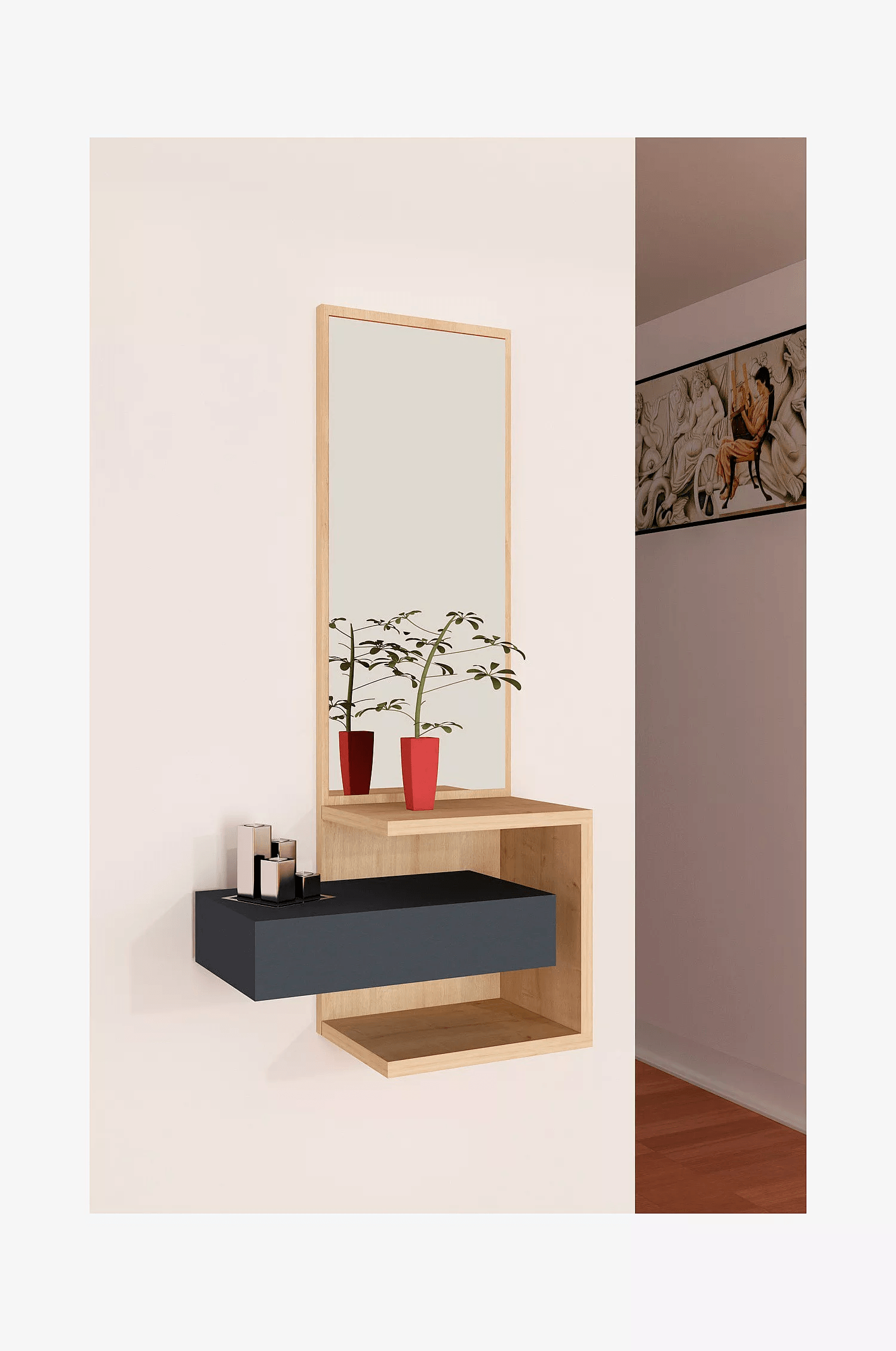 Recibidor Moderno 1 cajón + Espejo Girona color Haya/Negro TU MESITA