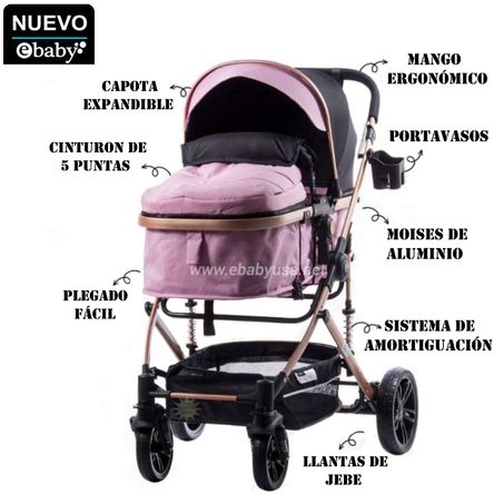 Coche Cuna Moisés de Lujo Bigi Rosado EBABY