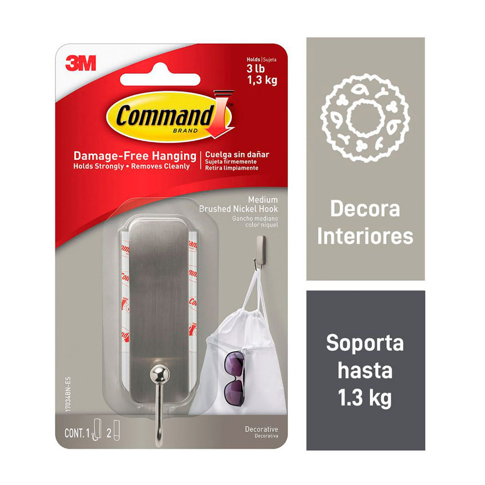 Gancho Multiuso 3M Command Mediano Acero Templado/Níquel Satinado