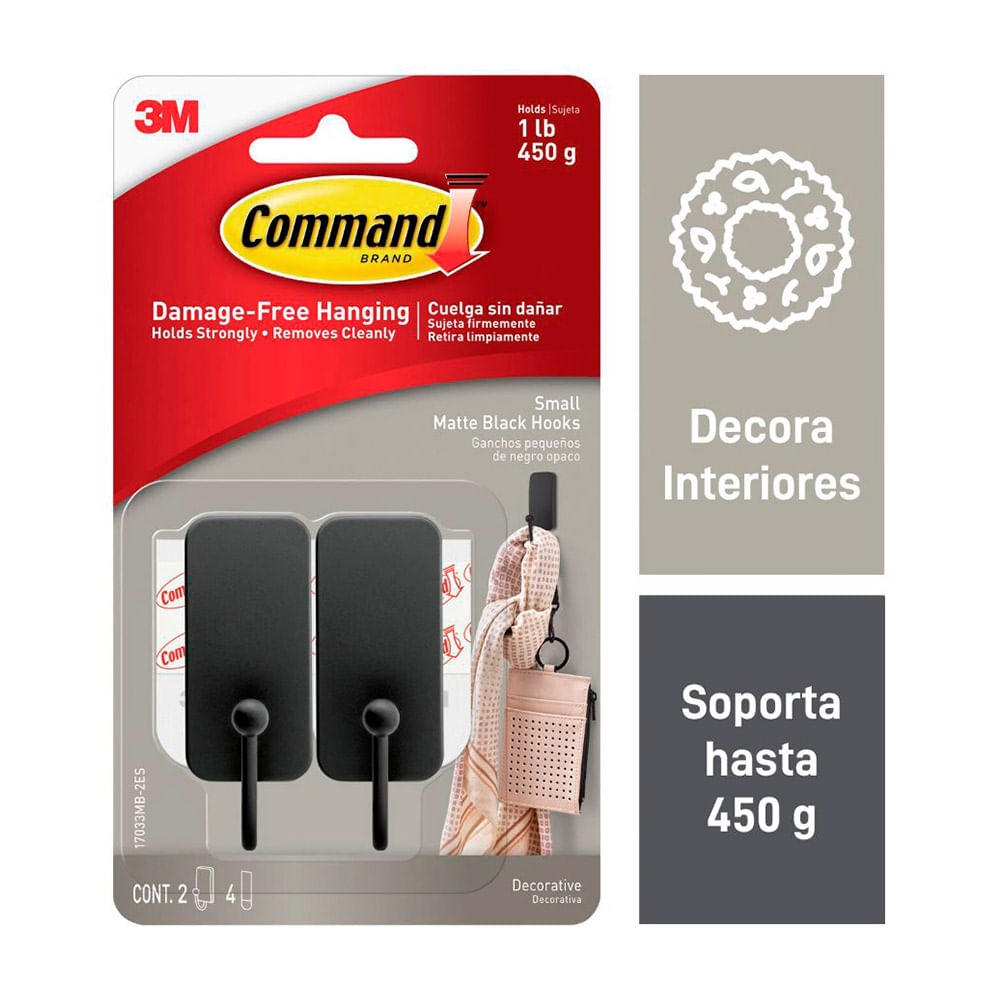 Gancho Decorativo 3M Command Pequeño Acero Templado/Níquel Netro Mate x 2u.