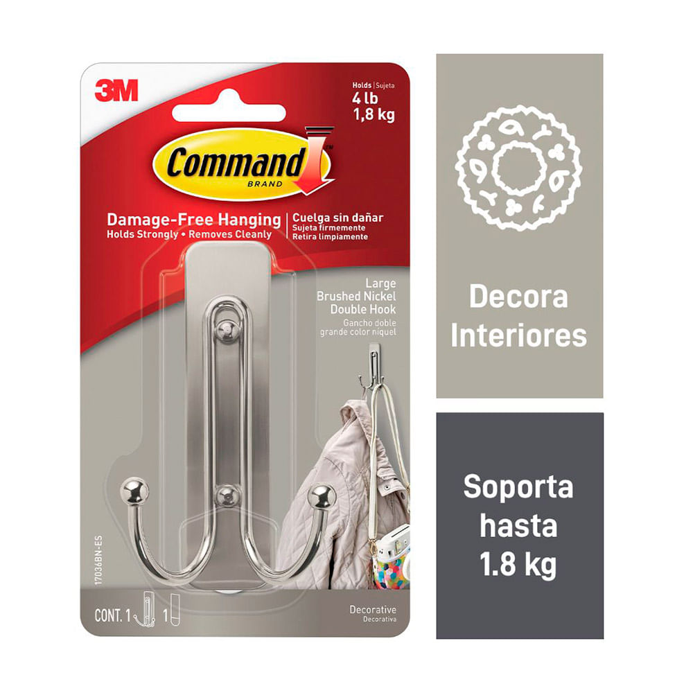 Gancho 3M Command Ancla Grande de Acero Templado/Níquel Satinado