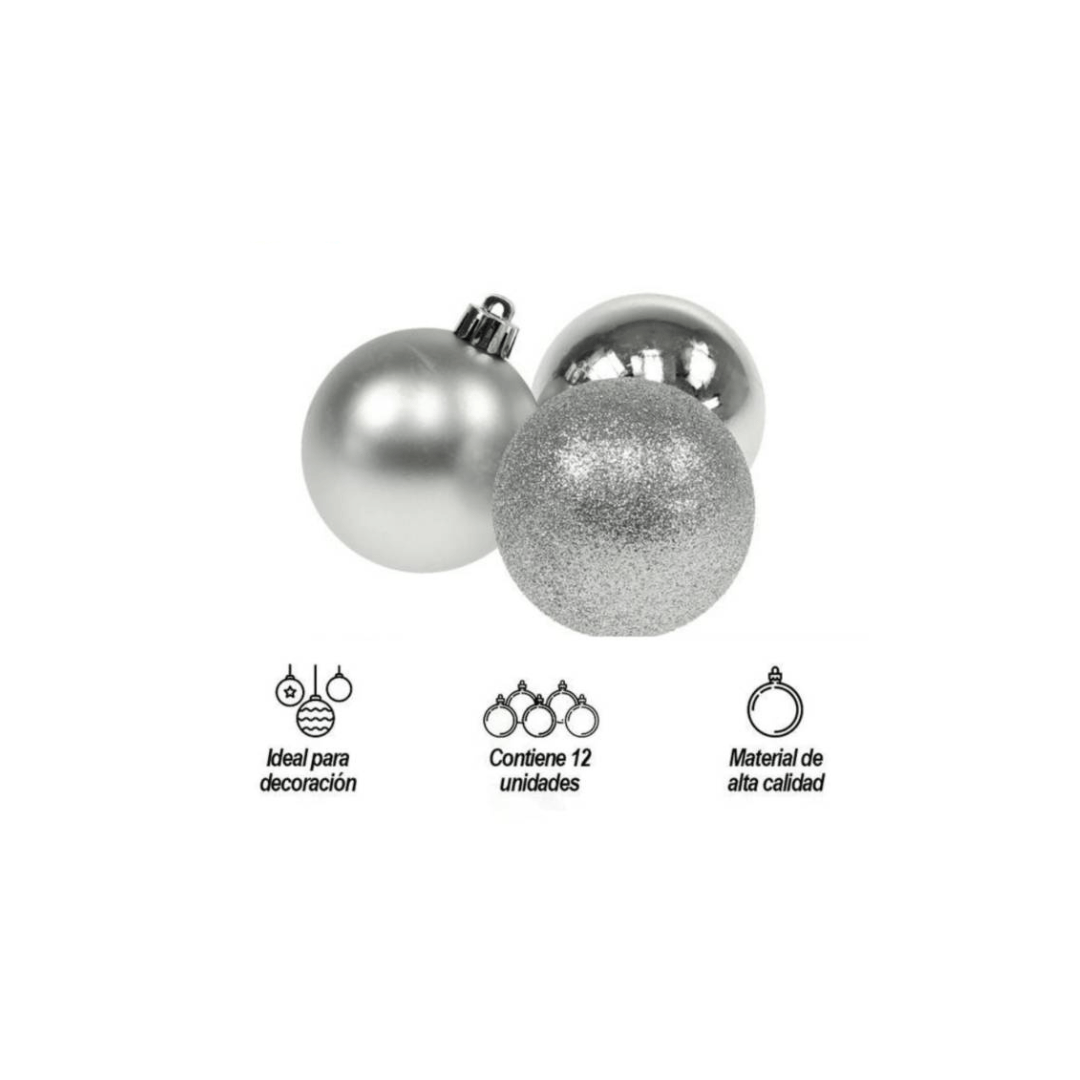 Bolas Navideñas por 12 Unidades Diseño Aleatorio Color Plateado