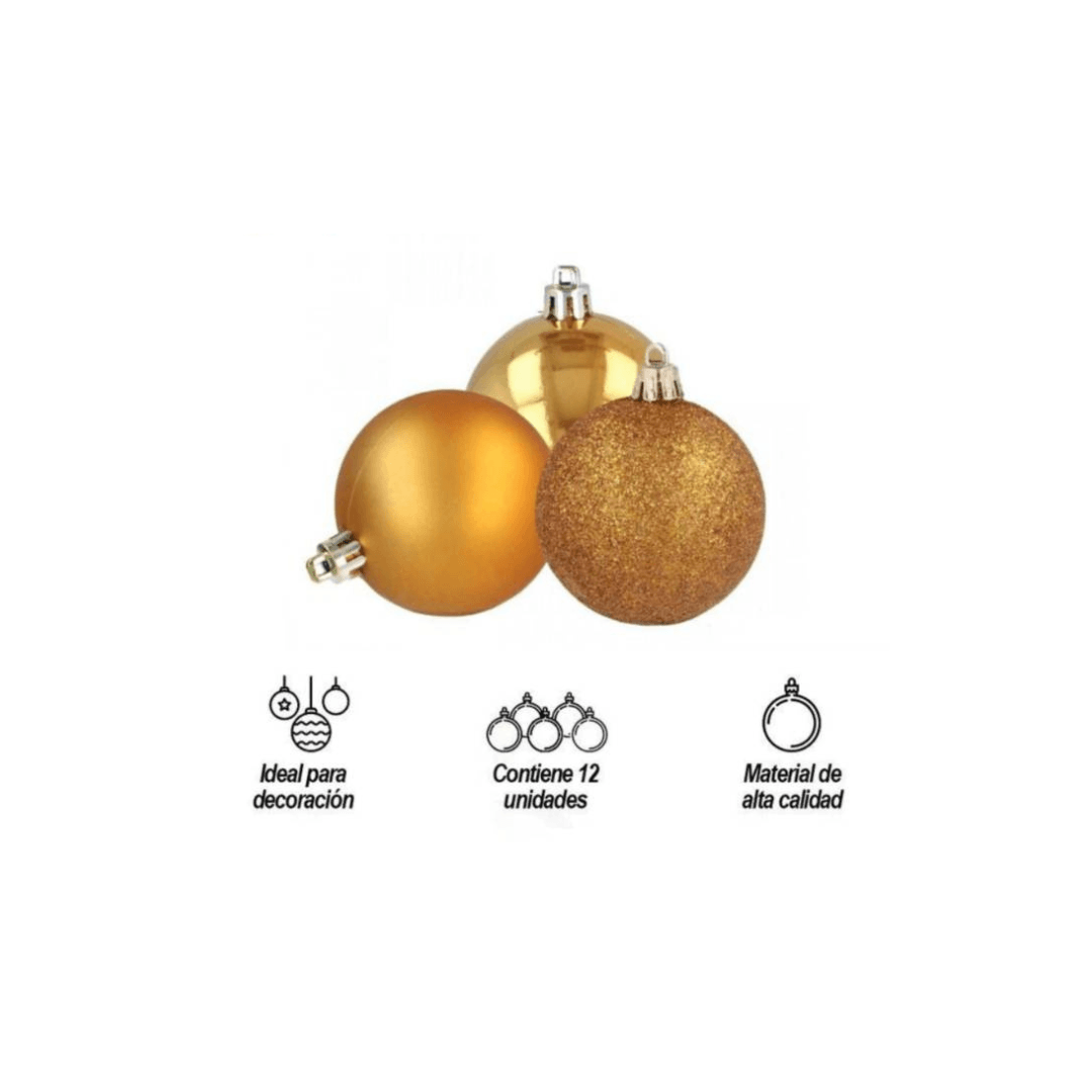 Bolas Navideñas por 12 Unidades Diseño Aleatorio Color Dorado