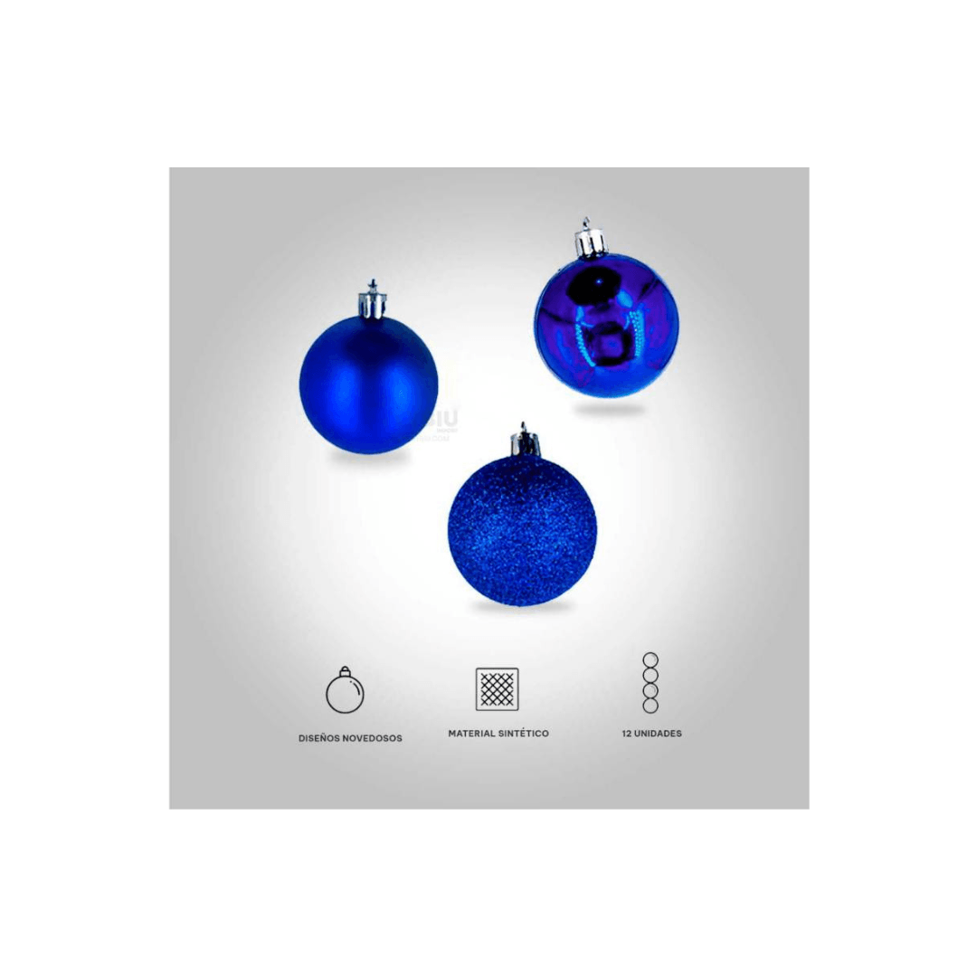 Bolas Navideñas por 12 Unidades Diseño Aleatorio Color Azul