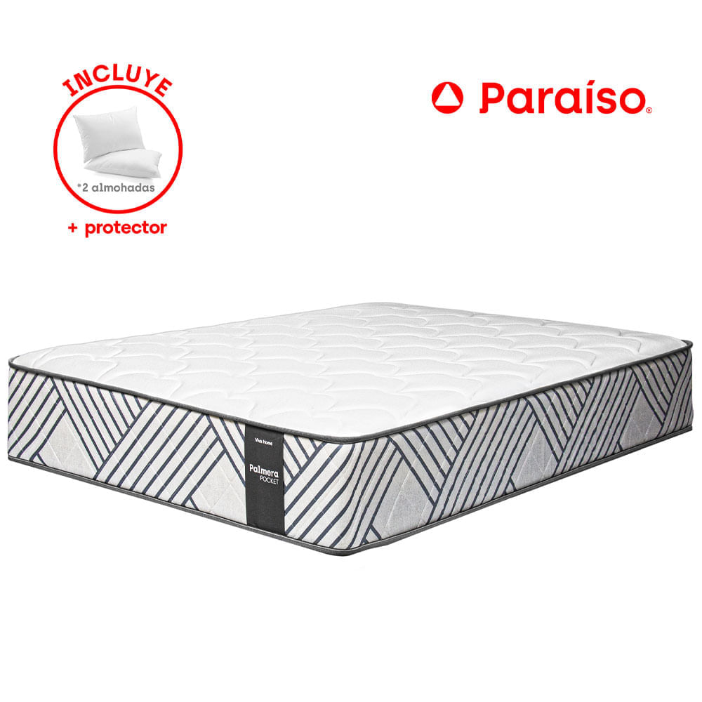 Colchón Viva Home Palmera Pocket QUEEN + 2 Almohadas + 1 Protector