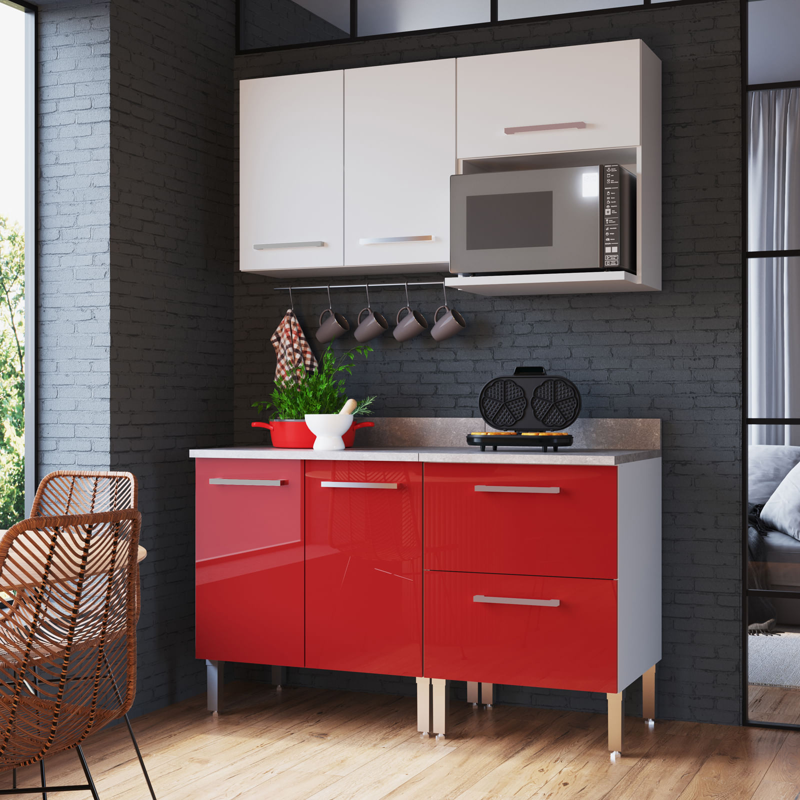 Mueble de Cocina Modular Orange para Microondas con Cajonera 140cm Blanco/Rojo