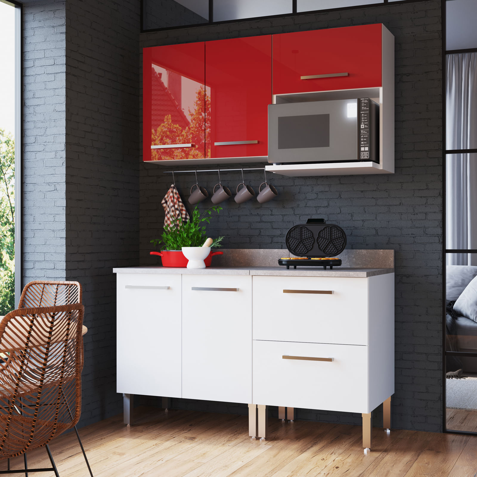 Mueble de Cocina Modular Orange para Microondas con Cajonera 140cm Rojo/Blanco