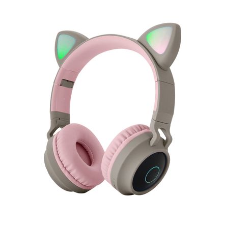 Auriculares De Oreja Gato Brillante Luces De Respiración De 7 Colores Gris Rosa