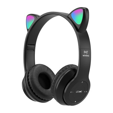 Auriculares Bluetooth P47M Orejas De Gato Auriculares Luminosos Dibujos Animados Negro