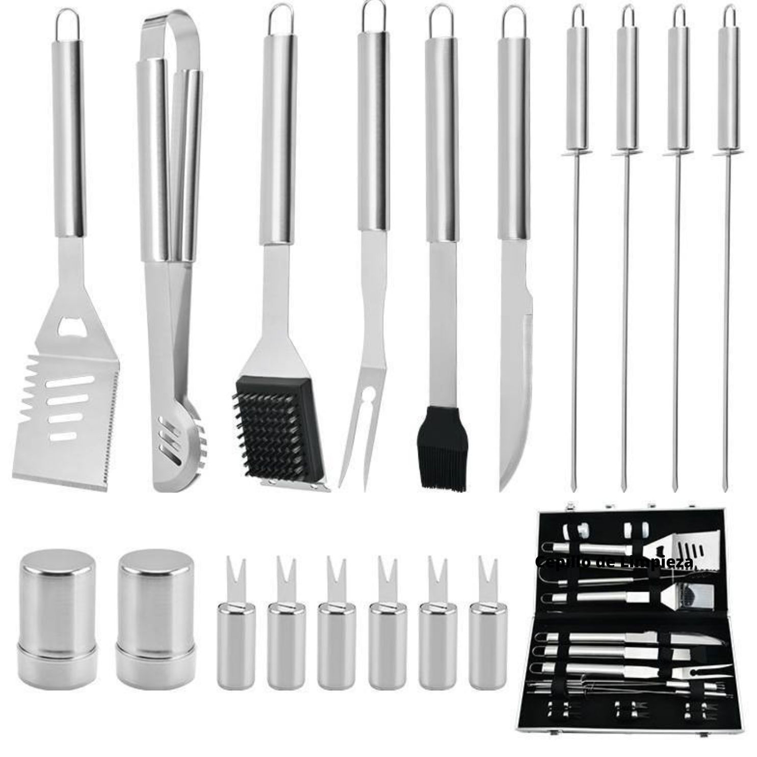 Set Parrillero Premium x 18 Piezas en Acero Inoxidable con Caja de Alumino