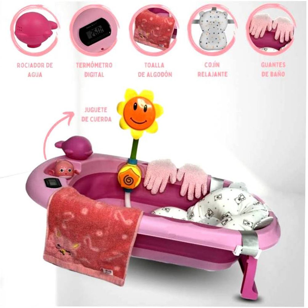 Bañera Tina Plegable Para Bebé Con Termometro + Cojín Malla rosada – BabyCo