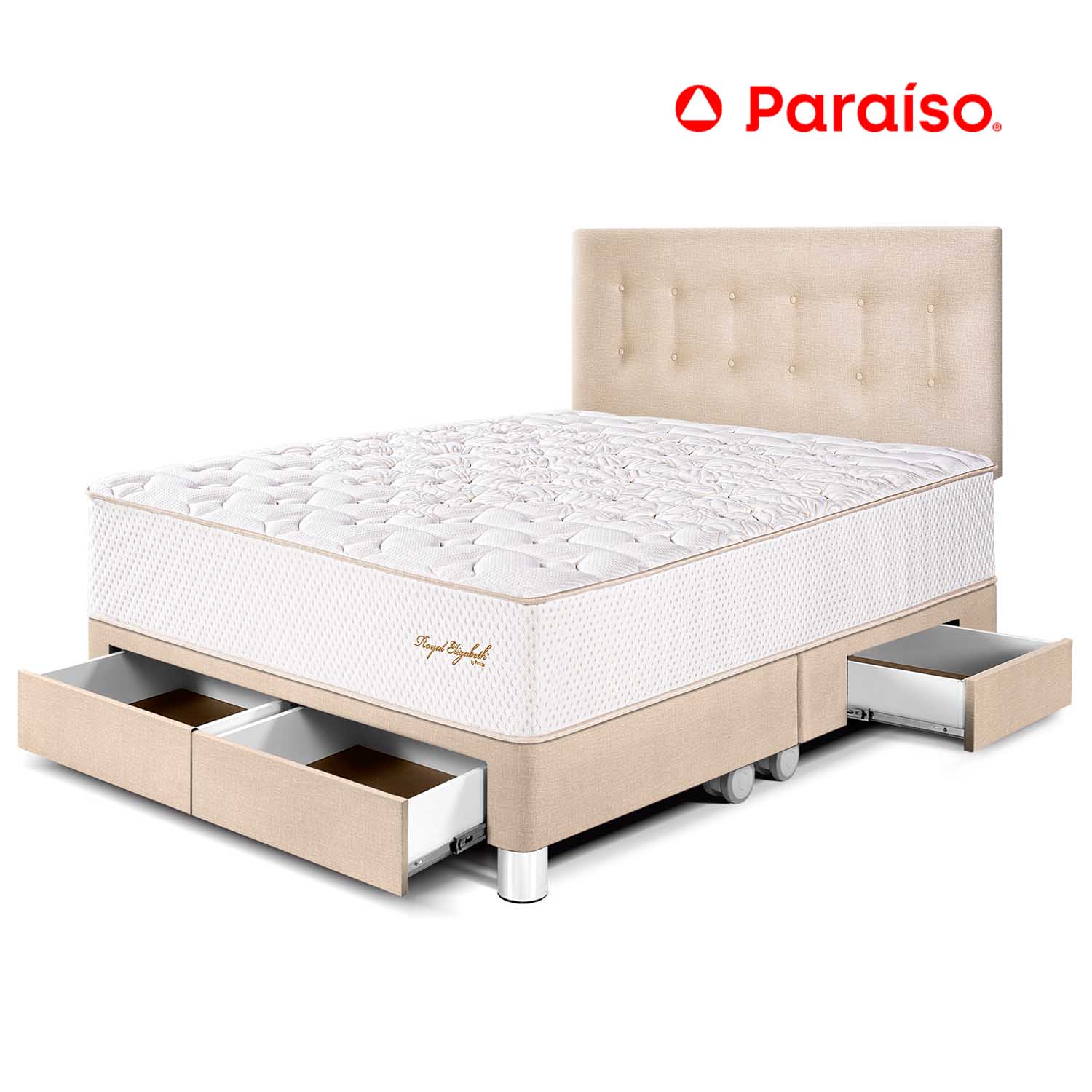 Dormitorio Royal Elizabeth Cajones Queen Champagne + 2 almohadas viscoelásticas + protector