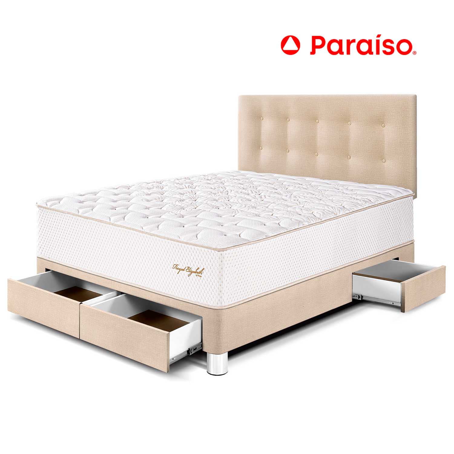 Dormitorio Royal Elizabeth con Cajones 2 Plazas Champagne + 2 almohadas viscoelásticas + protector