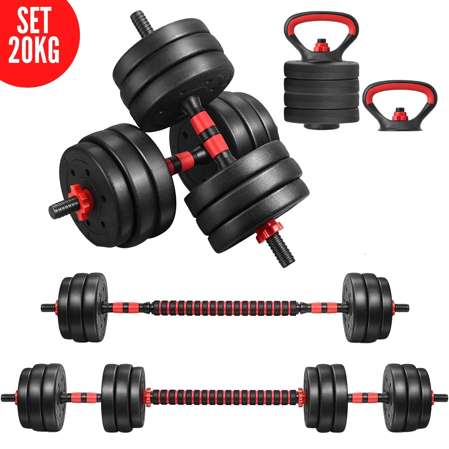 Mancuernas Set de 20 Kg Convertibles + Pesa rusa + Push up