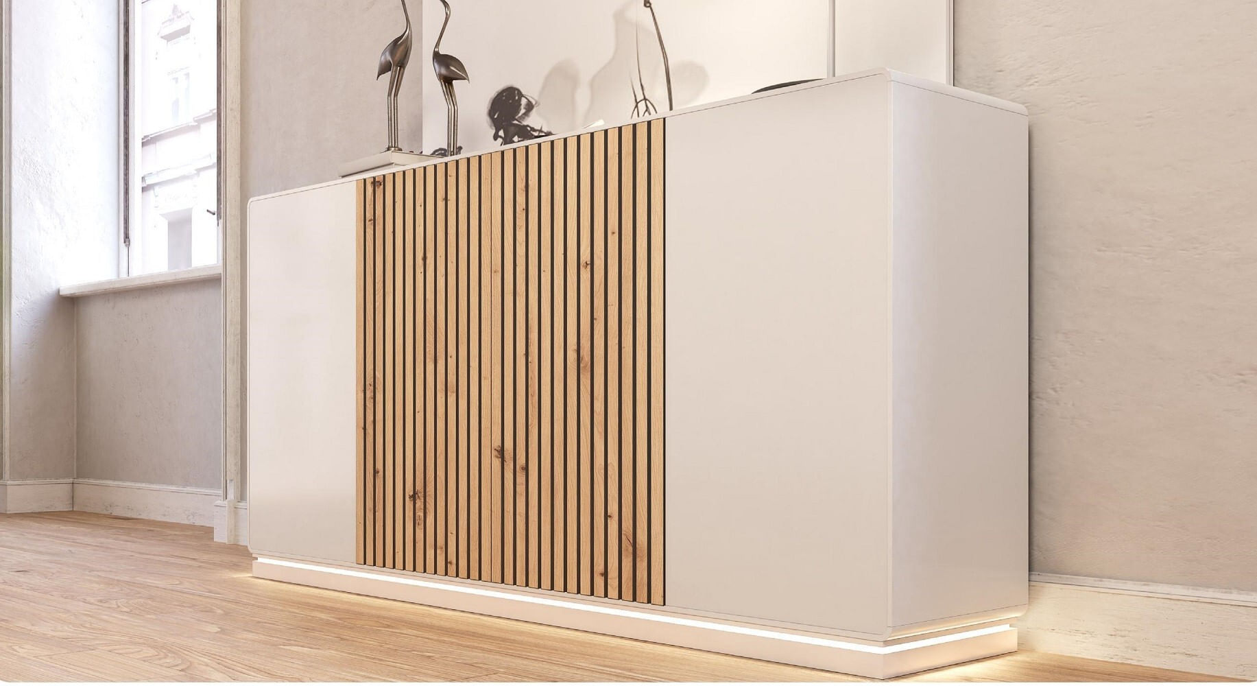 Aparador Moderno 4 puertas + 2 cajones internos Kimbo color Blanco/Duna TU MESITA