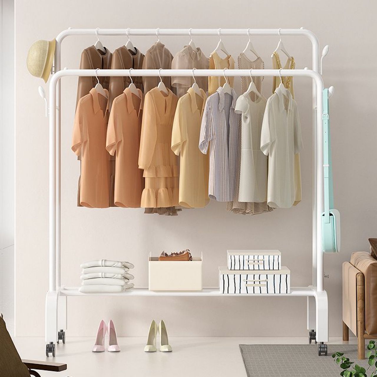 Perchero Colgador Doble para Ropa con Ruedas Blanco