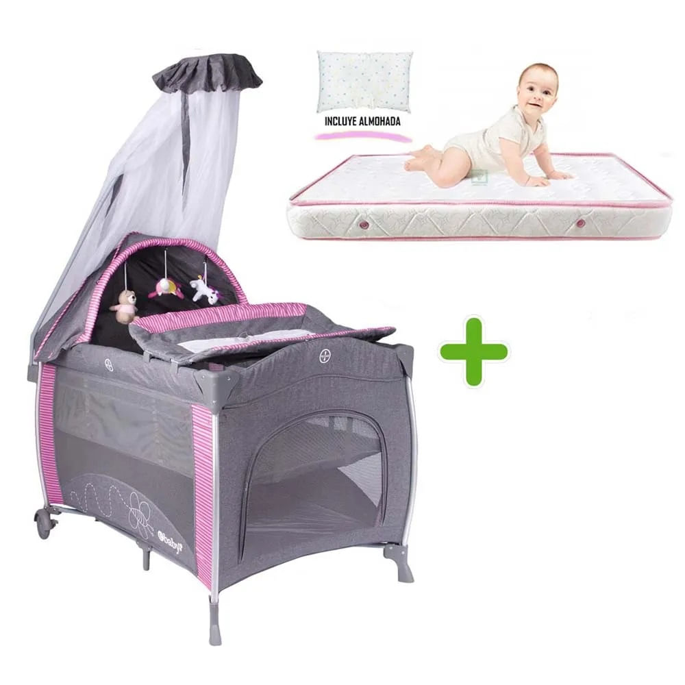 Cuna Corral NOA Ebaby + Colchón Rosado
