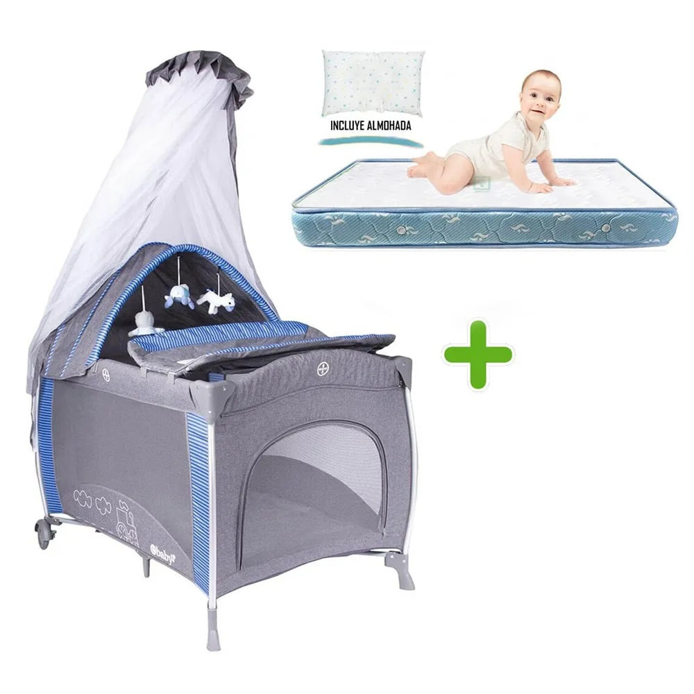 Cuna Corral Noa Ebaby + Colchón Azul