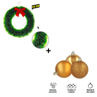Combo Corona Navideña Verde + Bolas Navideñas por 12 Unidades Diseño Aleatorio Color Dorado