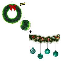 Combo Corona Navideña Verde + Bolas Navideñas por 12 Unidades Diseño Aleatorio color Verdes